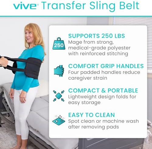 Vive Standard Transfer Sling (31.5 Inch) - Gait Belt for Elderly & Disabled - Patient Lifting Aid for Seniors & Injured - Bed & Wheelchair Transfer for Home Use (Black)