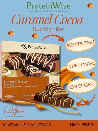 PROTEINWISE Nutrition Bar, High Protein, Vitamins and Minerals, Weight Loss Friendly Healthy Snack, 7/Box (Caramel Cocoa)