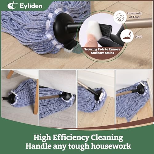 Eyliden String Mop, Cotton Mop with Wet & Dry Non-Touch Replacement, 2 Reusable Heads, 4 Scouring Pads, Adjustable Handle, Home Commercial Floor Cleaning Tools for Tile, Wood, Concrete Surfaces (Blue)