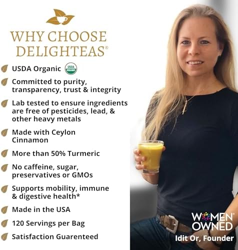 DelighTeas Organic Golden Milk Powder with Turmeric, Ginger, Ceylon Cinnamon | Ayurvedic Spices for Golden Turmeric Latte | Unsweetened, Vegan, Non-GMO, Keto | 120 Servings, 5 oz.