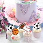 48 Pack Edible Sports Cupcake Toppers Edible Basketball Soccer Ball Football Baseball Rugby Cake Decorations for Sports Ball Game Baby Shower Birthday Party Decorations
