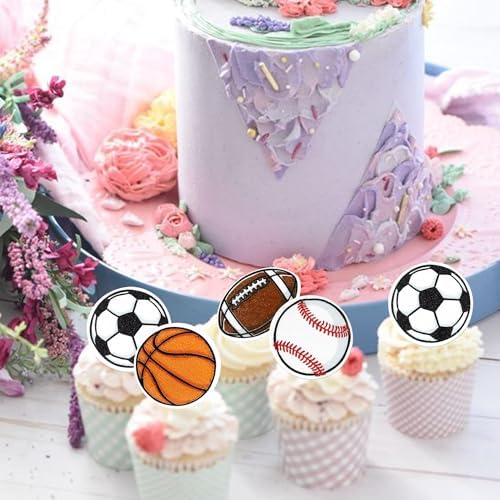48 Pack Edible Sports Cupcake Toppers Edible Basketball Soccer Ball Football Baseball Rugby Cake Decorations for Sports Ball Game Baby Shower Birthday Party Decorations