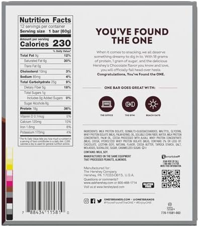 ONE Protein Bars, NEW Hershey's Double Chocolate, Gluten Free with 18g Protein and 3g Sugar, Pantry Staples 2.12 oz (12 Pack)