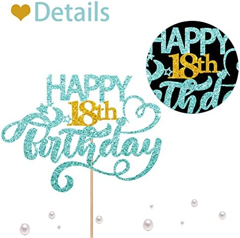 Sky Blue Glitter Happy 18th Birthday Cake Topper, 18th Birthday Party Cake Decoration, Cheers to Eighteen Years Old Birthday Party Supplies Decorations for Teen Girl or Teen Boy