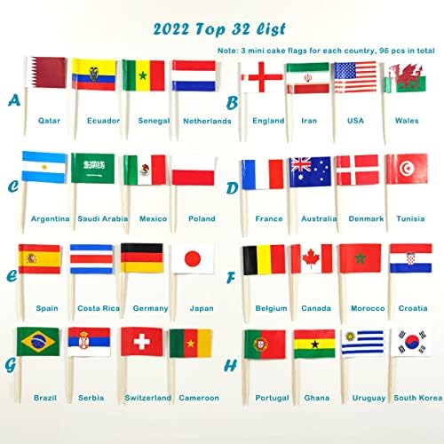 JBCD 2022 World Cup Toothpick Flag Mini Small World Cup Top 32 Soccer Cupcake Topper Flags, 96 pcs