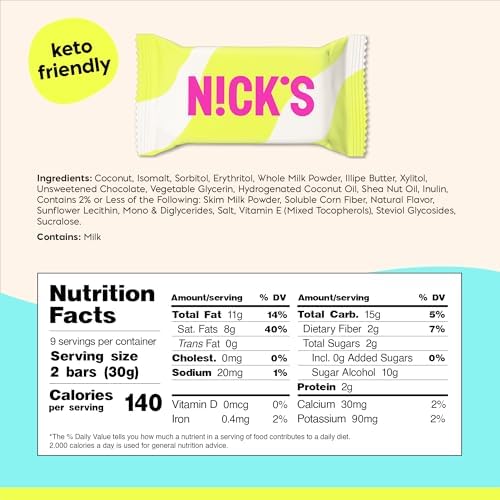 NICK'S Keto Chocolate Mini Candy Bars – Coconut, No Added Sugar, Low Carb Snack, 140 Calories, Gluten-Free Sweets – 18-Pack (15g Each)