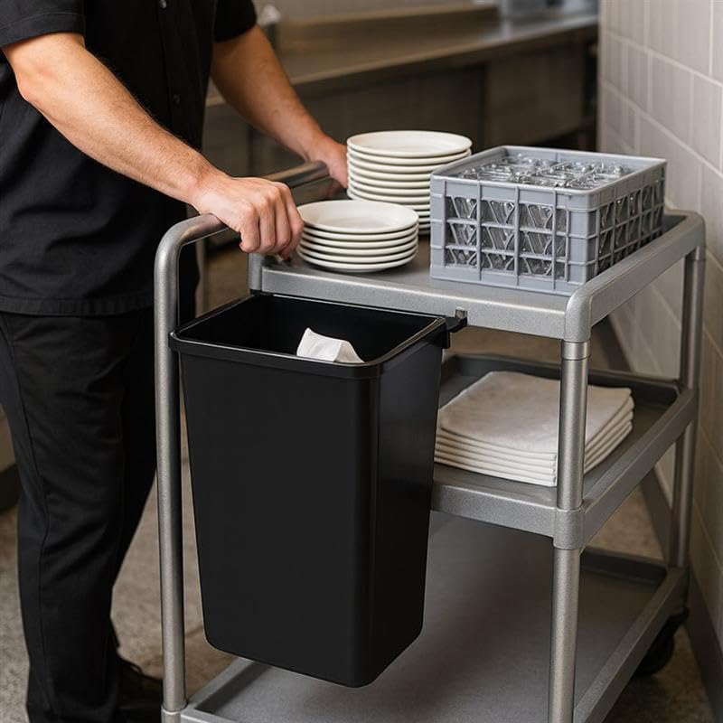 TrueCraftware- Refuse Bin for Utility/Bussing Cart 13" x 9-1/14" x 22" Black Color- Wastebasket Trash Can Plastic Restaurant Tub Fits Rolling Utility Cart Attachable