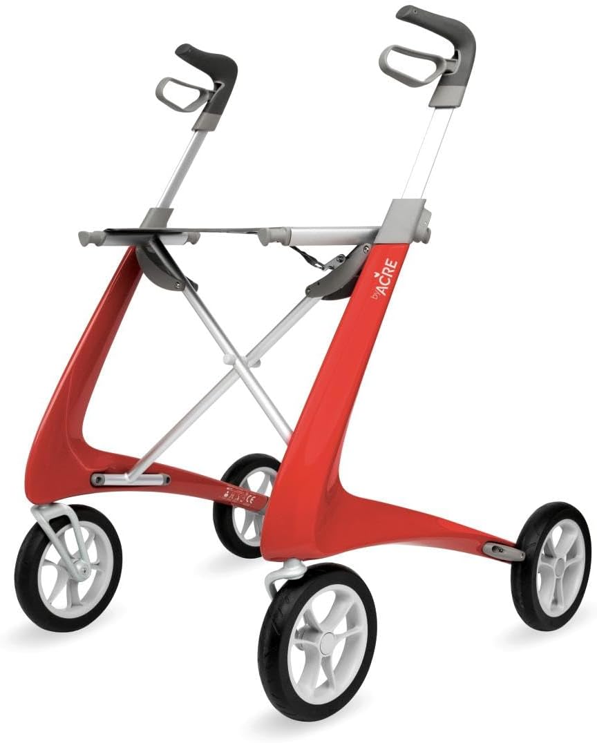 ByACRE Carbon Ultralight Rollator Walker With Organizer Bag, Wide Track, 18.5" x 24" Seat (W x H), Red