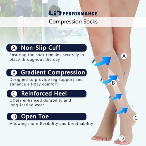 Lin Performance Compression Socks for Women and Men, 20-30 mmHg Open Toe Knee High stockings, Leg Support for Daily & Travel Comfort (L, Beige)