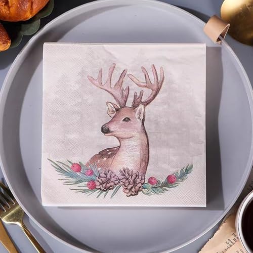 Christmas Disposable Paper Napkins Decorative Printed Paper Tissue Cocktail Napkins for Fun Holiday Party Luncheon Lunch Buffet Appetizer Dessert (Christmas Elk)