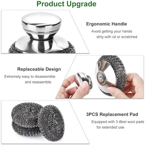 4PCS Steel Wool Scrubber Pads, Stainless Steel Scrubber Set with 3Pcs Steel Wool Pads, Steel Scrubber for Dishes, Ideal for Cleaning Cast Iron, Pots, Pans, Grills, Stoves, Sink, Kitchen Household