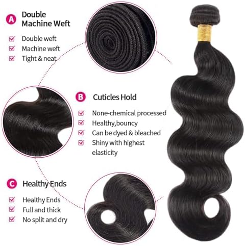 Body Wave Bundles Human Hair 12 14 16 Inch Human Hair 3 Bundles 100% Unprocessed Brazilian Raw Weave Bundle Human Hair Extensions for Black Women Natural Color