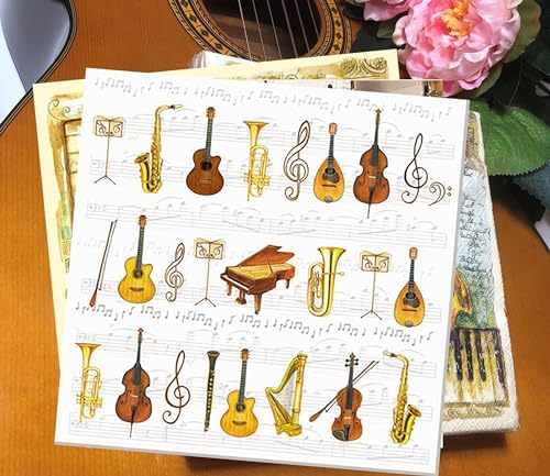 Generic 20-Count 6.5 x 6.5 Inch 3-Ply Music Themed Napkins for Decoupage, Weddings, Holidays & Gifting in White, Yellow, Brown