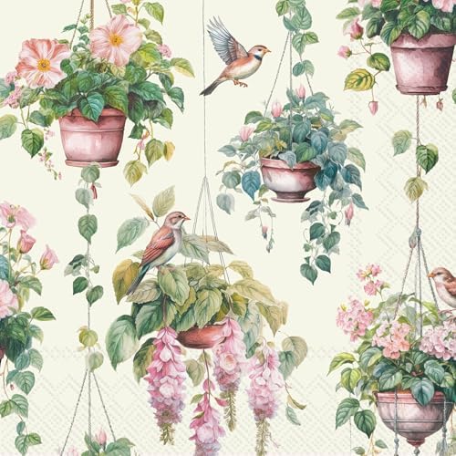 IHR Ideal Home Range Party Napkins Disposable 3-Ply Paper Lunch Napkin Pack, 6.5" x 6.5", Pink Flower Basket (Light Green), 20-Count