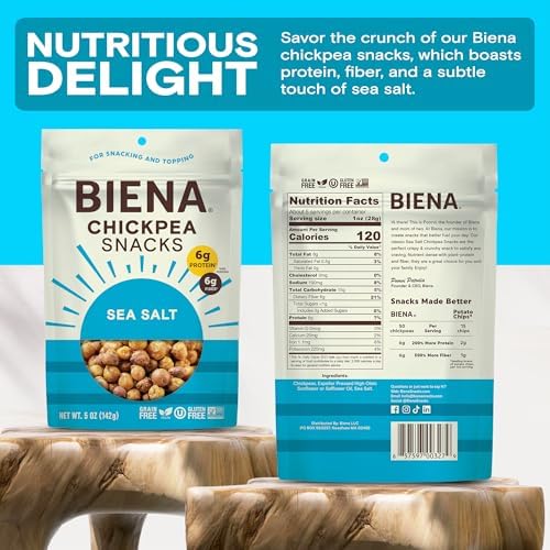 BIENA Chickpea Snacks - Crunchy Roasted Chickpeas - High Fiber Vegan Protein Snacks for Adults and Kids - 4-Pack, 5 Ounce Bags - Sea Salt