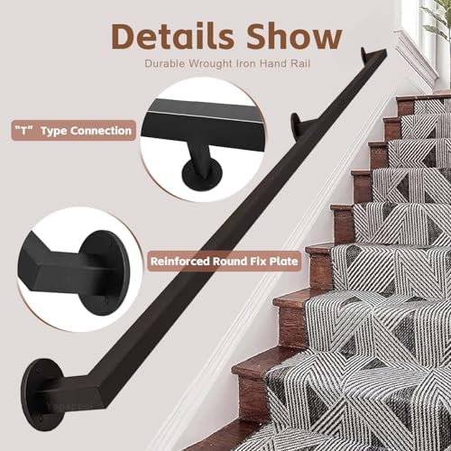 30-600cm Metal Staircase Handrail, Non-Slip Bar Foot Rail Indoor Outdoor Stairs Banister Railing Support Rod with Wrought Iron Brackets and Screws, Wall Support Hand Railings(9.2 FT)
