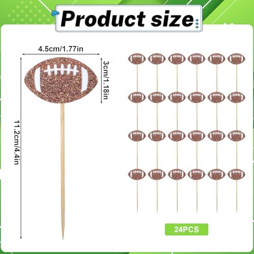 24PCS Football Cupcake Toppers Brown Glitter, Football Theme Glitter Cupcake Topper, Rugby Ball Cupcake Decorations, Sports Cupcake Toppers Birthday for Birthday Party Cake Decorations
