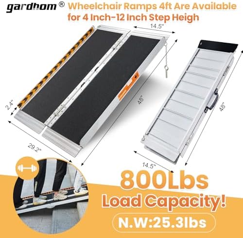 Wheelchair Ramp 4FT, gardhom 800 Lbs Aluminum Portable Folding Handicap Ramp Wheel Chair Ramp for Home Steps Threshold Doorways Stairs Curbs Scooter