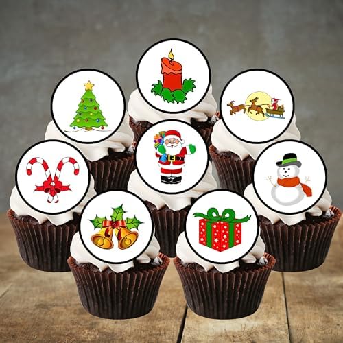 PRECUT Edible Christmas Cake Toppers, Christmas Baby Shower Decorations for Cake Decorating, Xmas Edible Cupcake Toppers, Festive Cookie Decor, Theme 1, 3cm / 1.18 inch (48)