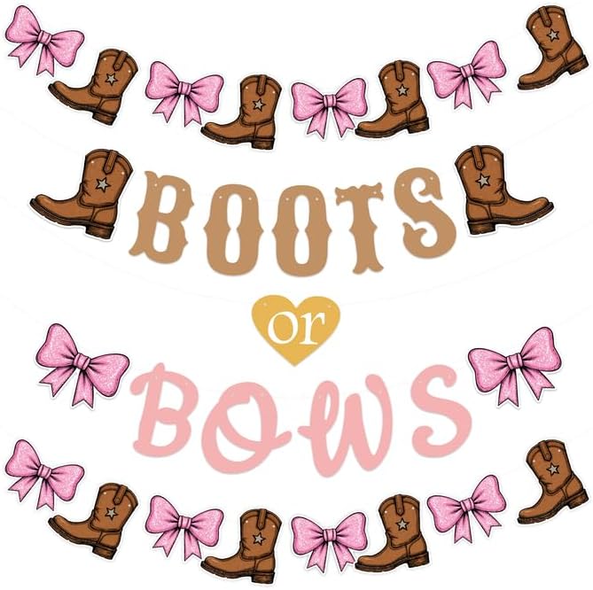 Boots or Bows Gender Reveal Decorations, Boots and Bows Gender Reveal Party Supplies for Brown Pink Western Cowboy or Cowgirl Pink and Brown Banner Garland for Baby Shower Boy or Girl
