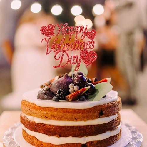 Happy Valentine's Day Cake Toppers 20Pcs Glitter Heart Cupcake Topper for Valentine Day Wedding Anniversary Birthday Party Cake Decoration, Red