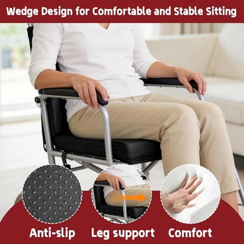 Wedge Wheelchair Seat Cushion with Backrest, High Density Foam Wheelchair Cushions Removable Cover with Zipper Adjustable Elastic Strap for Office Car Seat 16x18x2-4 Inch