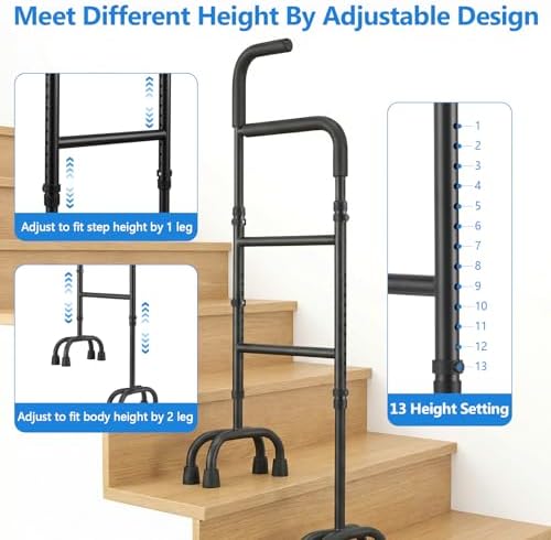 Stair Assist & Climbing Cane, 13-Level Adjustable with 8-Cylindrical Rubber Foot Pads & Ergonomic Handle, Carbon Steel Helper for Mobility Aids Users (Fits Stairs & Flat Surfaces)