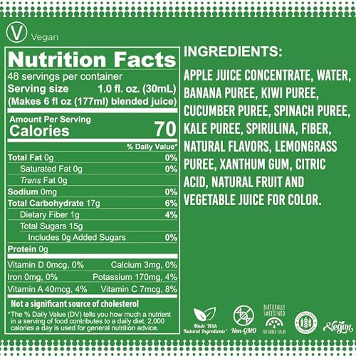 Fruniti Super Greens Smoothie Mix - Cleanse + Detox - No Sugar Added - Fruit + Veggie Puree - Spirulina, Spinach, Kale, Cucumber, Lemongrass, Apple, Banana, Kiwi - Makes 24 Smoothies