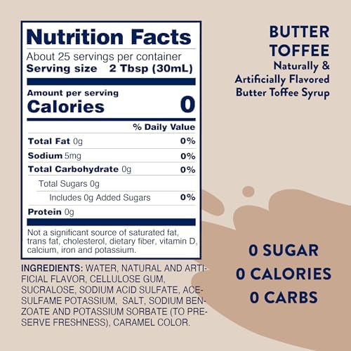 Jordan's Skinny Mixes Sugar Free Coffee Syrup, Butter Toffee Coffee Flavoring Syrup, Zero Calorie Drink Mix, Lattes, Baking, Protein Shake or Cocktail, Dairy & Gluten Free, Kosher, 25.4 Fl Oz