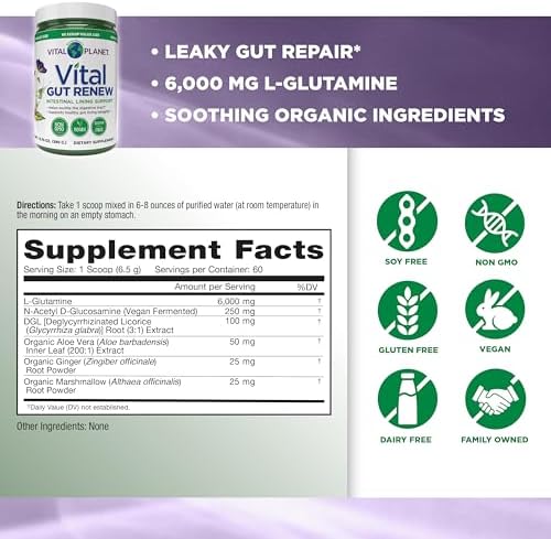 Vital Planet - Vital Gut Renew Powder Supplement for Leaky Gut Repair with L-Glutamine, Marshmallow and Ginger Root, DGL Licorice Root and Organic Aloe Vera, L Glutamine 6000mg 13.76 oz