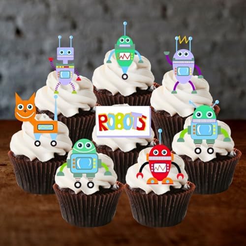 Robots Theme Edible Cupcake Toppers, Edible Cake Decorations for Boys, Robot Toppers for Cake Decorating, Birthday Cookie Decorations for Kids 2 Inch / 5cm Wafer Card UNCUT (Pack of 12)