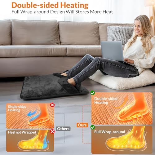 Double Sided Electric Foot Warmer with 9 Heat Settings & 3 Timer(1-4-8H); Foot Warmers for feet with Fast Heating & Auto Shut Off; Ultra-Soft Machine Washable Plush; Portable for Office, Home (Grey)