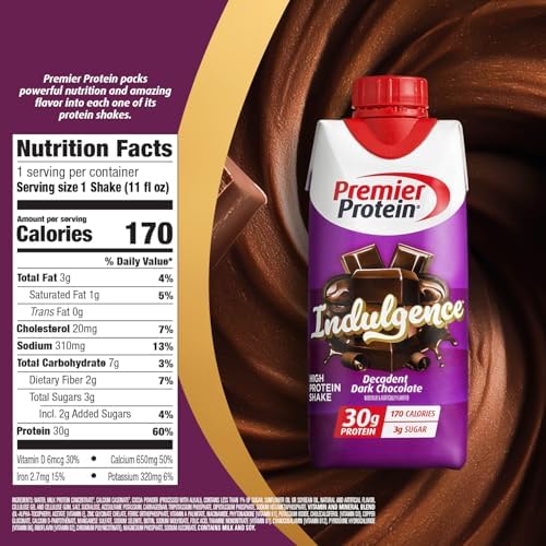 Premier Protein Shake INDULGENCE, Decadent Dark Chocolate, 30g Protein, 170 Calories, 3g Sugar, 11 fl oz, 4 Pack (Packaging May Vary)