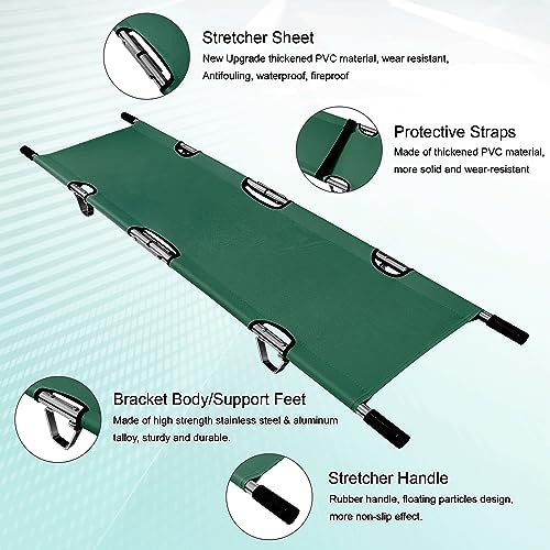Folding Stretcher for Medical Emergency with Heavy Duty Handles, Straps and Carrying Case, High-Grade Aluminum Alloy Portable Travel Emergency Medical Stretcher for Patient Transport (Green)