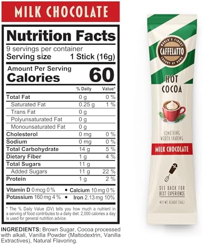 Caffelatto Milk Chocolate Hot Cocoa, Gourmet Single Serve Sticks, Made for Milk Frothers, Add Your Own Milk, Simple Ingredients and Easily Customized, 9 Pack
