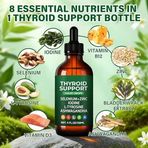 Thyroid Support Complex Liquid Drops for Women & Men - High Potency Iodine, Zinc, Selenium & Ashwagandha for Cortisol & Stress Relief - Natural Metabolism & Energy Booster - 4 oz (120ml)