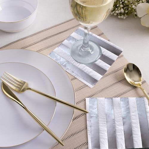 Striped White & Silver Disposable Paper Napkins - 5" x 5" (Pack of 36) - Perfect for Weddings, Parties & Special Occasions