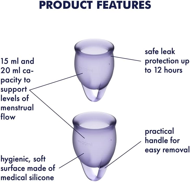 Satisfyer Feel Confident Menstrual Cup - Reusable Period Cup with Removal Ring - Soft, Flexible Body-Safe Silicone, Easy Insertion & Removal - Includes 2 Cup Sizes for All Flows (Purple)