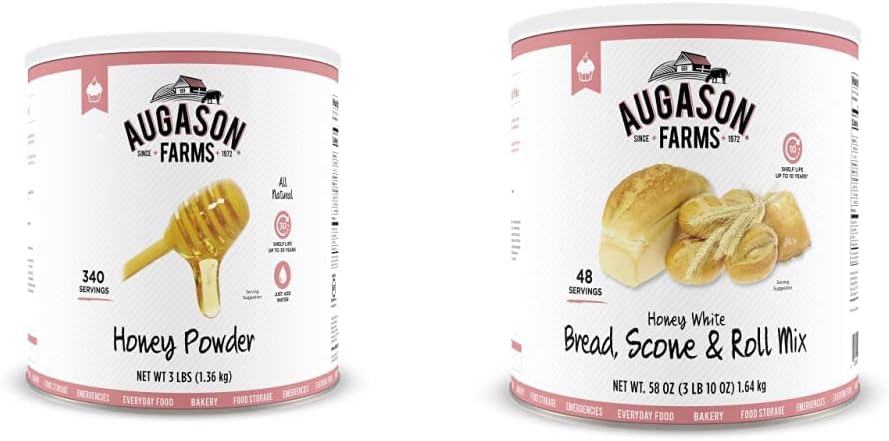 Augason Farms Honey Powder 3 lbs & Honey White Bread Scone & Roll Mix Emergency Food Storage #10 Can
