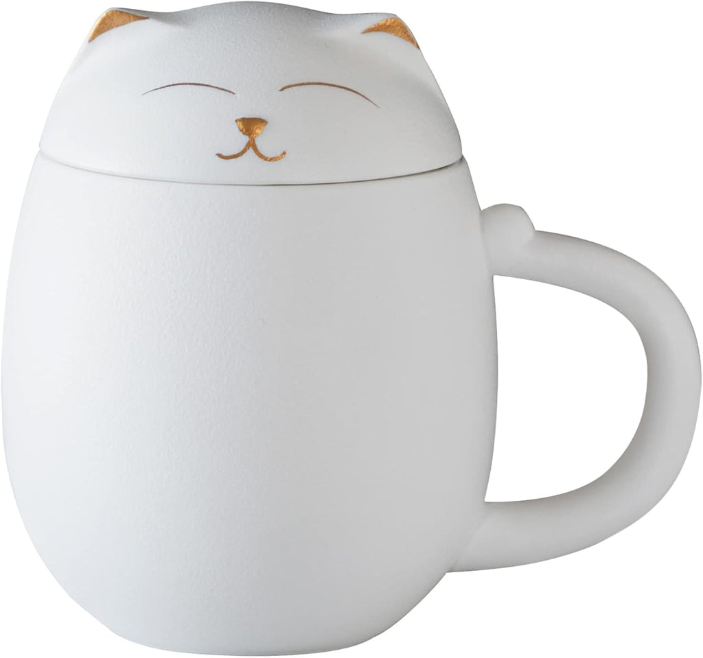 HEER Cat Tea Cup with Infuser and Lid - 13.5oz Ceramic Tea Mug - Cat Lover Gift for Friends Family. (White)