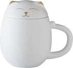 HEER Cat Tea Cup with Infuser and Lid - 13.5oz Ceramic Tea Mug - Cat Lover Gift for Friends Family. (White)