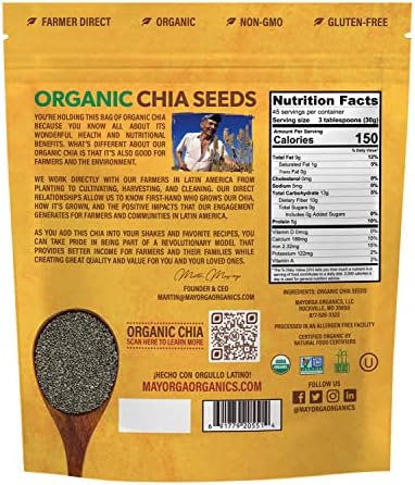 Mayorga Organic Raw Chia Seeds, 3lb Resealable Bag | Superfood w/Plant-Based Omega 3 & Vegan Protein | USDA Certified, Gluten-Free, Non-GMO, Direct Trade, Kosher | Add to Breakfast, Oats & More