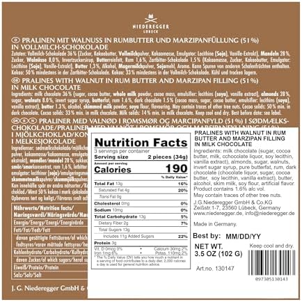Niederegger Walnut Marzipan Pralines Covered with Milk Chocolate, 102g (3.5oz) | 6 pieces per Box
