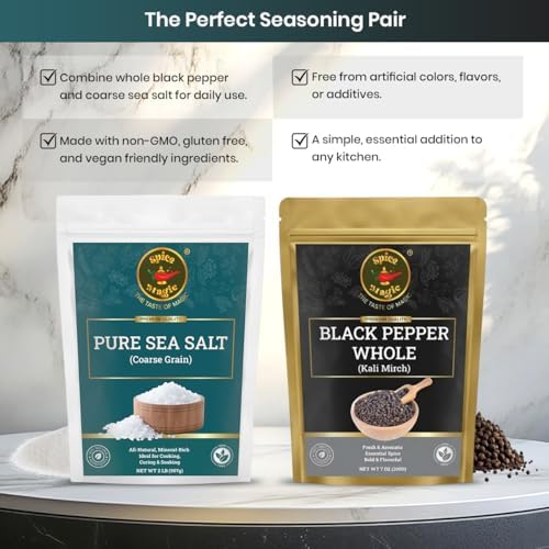Spice Magic Whole Black Peppercorns 12 oz & Pure Sea Salt Coarse Grain 2 lb | Non-GMO • Gluten-Free • Vegan| Ideal for Everyday Cooking I Essential Seasoning Duo