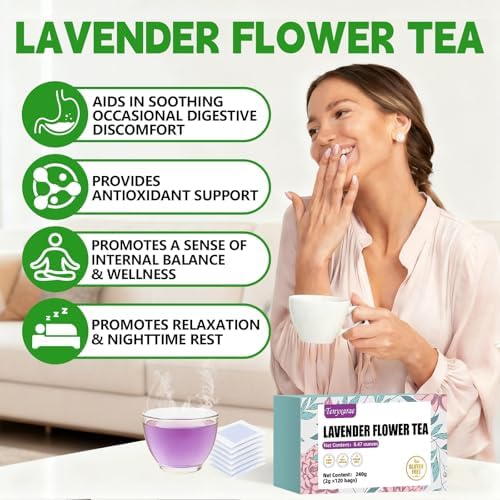 Lavender Flowers Tea Bags-120 Teabags, 2g/Bag, Made with 100% Natural Lavender Flowers. Helps with Relieve Fatigue and Antioxidation|Caffeine-Free|Sugar-Free|Gluten-Free|Vegan Eco-Friendly Tea Bags