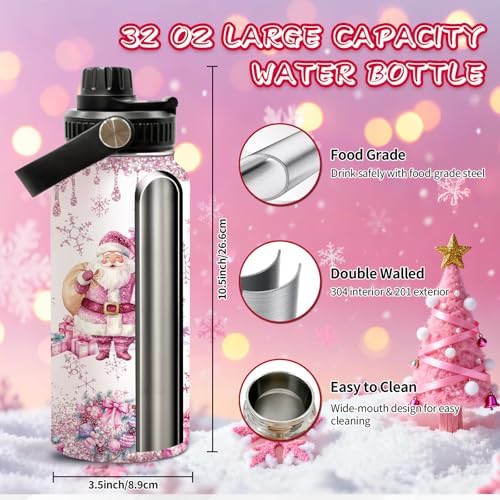 Christmas Gifts for Women, Snowman Water Bottle with Lid 32 Oz, Large Pink Tumbler Gifts for Girls Friends Mom Daughters Wife, Santa Claus Stainless Steel Travel Mug for Holiday, 1 PCS
