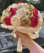 Sharebeauty 7.1" Handmade Satin Rose Bridal Bouquet Toss Round Wedding Bouquet Throw Toss Artificial Flower Bunch Dark Red + Pale Gold + Cream