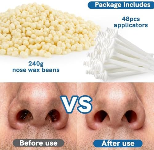 Nose Wax Kit Hair Removal Set - RAINFLOW Ear & Nose Hair Wax Kit for Men and Women,240g Wax Beads with Applicator Sticks, Home Grooming for Dating, Interviews, Travel, Salon-Like Results up to 4 Weeks