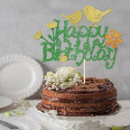 Glitter Bird Flower Happy Birthday Cake Topper，Boy girl Birthday Decorations，Flying Nature Theme Birthday Party Decoration Supplies