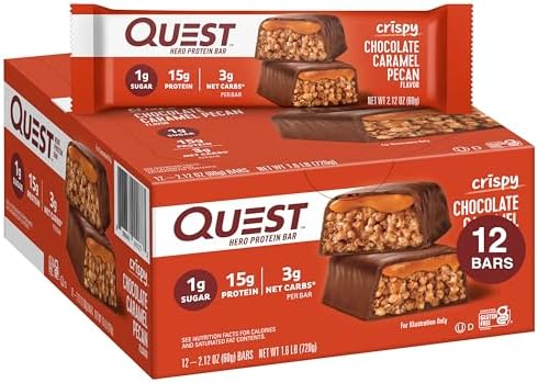 Quest Hero Protein Bars, Crispy Chocolate Caramel Pecan and Chocolate Peanut Butter, 15-18g Protein, 1g Sugar, 12 Count